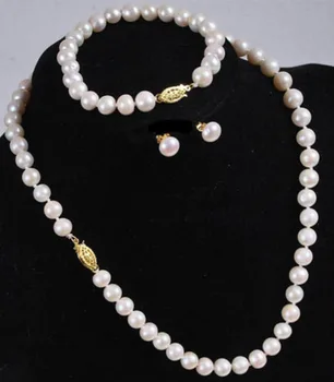 

Real Natural 7-8MM White Akoya Cultured Pearl Necklace Bracelet Earring Set