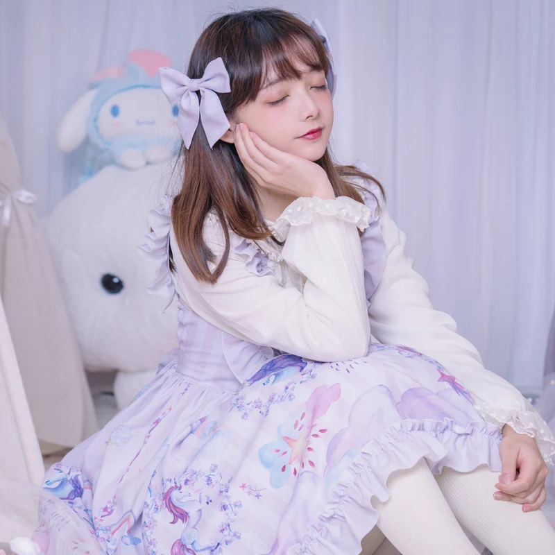 

Rainbow & Unicorn ~ Sweet Casual Lolita Dress Ruffled Sleevelss Dress