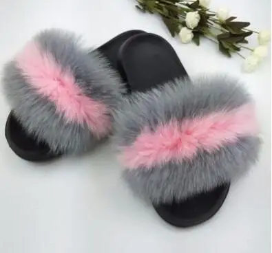 Gray Pink Gray Женские модные шлепанцы из натурального меха енота; женские шлепанцы; Летние вьетнамки; унисекс; повседневные Модные босоножки с лисьим мехом; модная плюшевая обувь - Цвет: Gray Pink Gray