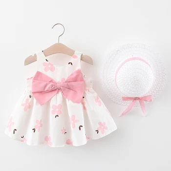 

Baby Girls Dresses New Summer With Hat 2pcs Clothes Sets Kids Floral Baby Sleeveless Birthday Party Dress Princess Print Carrot