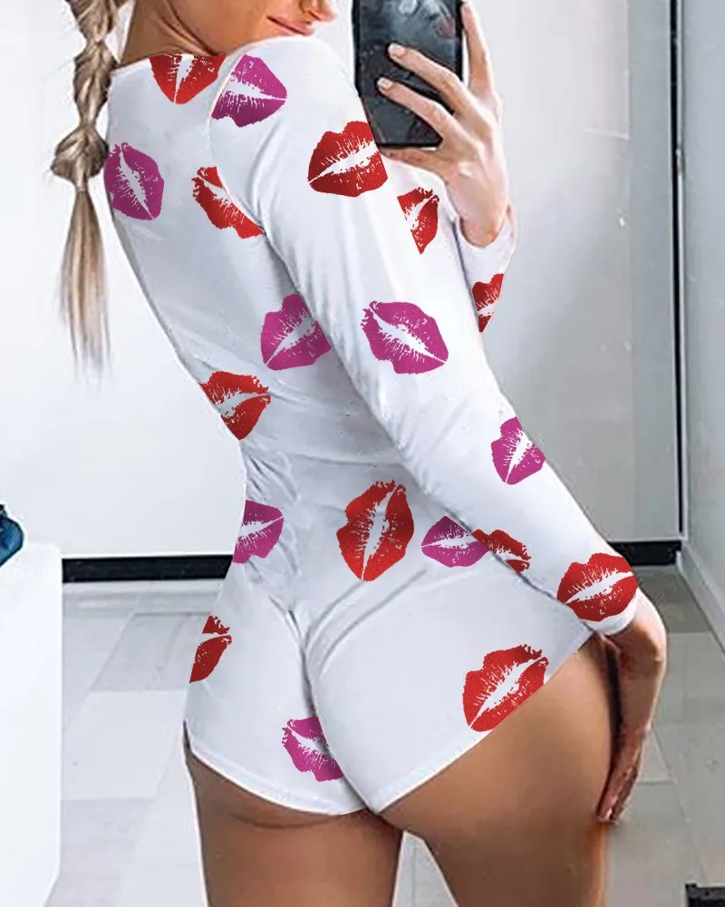 Sexy Women Print Rompers Jumpsuits V-neck Sleepwear Pajamas Long Sleeve Bodycon Short Jumpsuits Nightwear Pajama