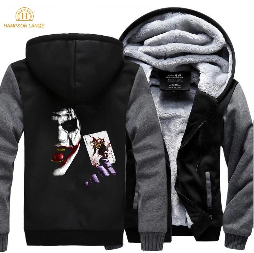 Batman Men Thick Winter Fleece Warm Jacket Joker Heath Coat Ledger Sweatshirts Coats Hip Hop Streetwear Thicken Hoodies Jackets - Color: dark gray black