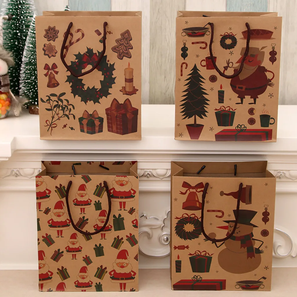 Christmas Gift Bag Paper Bag Packaging Kraft Paper Bottom Tote Bag Merry Christmas Decor Home Decorations New Garden