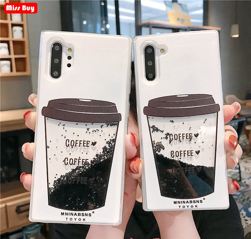 

Luxury Coffee Cup Glitter Liquid Case For Samsung galaxy Note 10 Plus S10 Lite S10 Plus Silicone Case For Samsung Note10 Cover