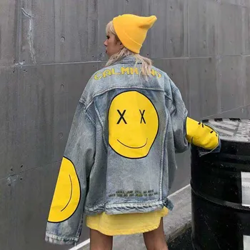

Korean Style Women Jacket 2019 Hip-hop Smiley Face Denim Jacket Women Loose Large Size Washed Jeans Coat Outwear Girls Cowb