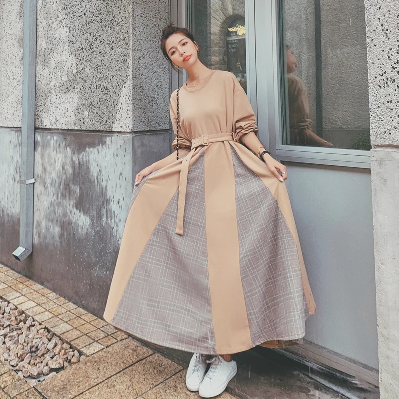 NSMW MI 2021 French Long Sleeve Sweater Dress Women Spring Autumn Clothing Large Swing Color Matching Casual Long Dress D49