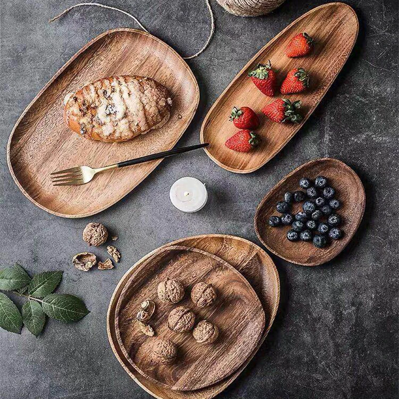 Plato ovalado de madera maciza para fruta, platillo, bandeja de té, postre, juego de vajilla