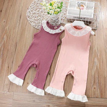 

Sleeveless Romper Baby Girls Cute Cotton Solid Color Lace Jumpsuit Summer 0-12 Months