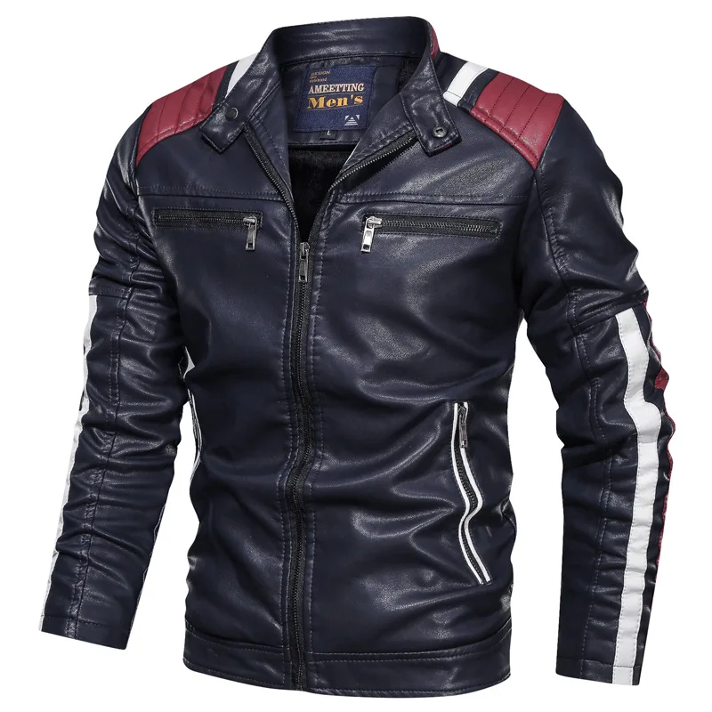 Осенняя и зимняя мужская кожаная куртка, Повседневная модная мотоциклетная куртка с воротником, мужская Тонкая кожаная куртка на молнии, большой размер 6XL - Цвет: Dark Blue