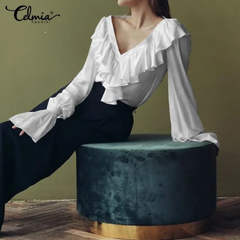 2019 Celmia Spring Women Fashion Long Sleeve Satin Blouse Female V Neck Street Ruffles Shirt Elegant Silk Office Tops Blusas 5XL - 4.00036E+12