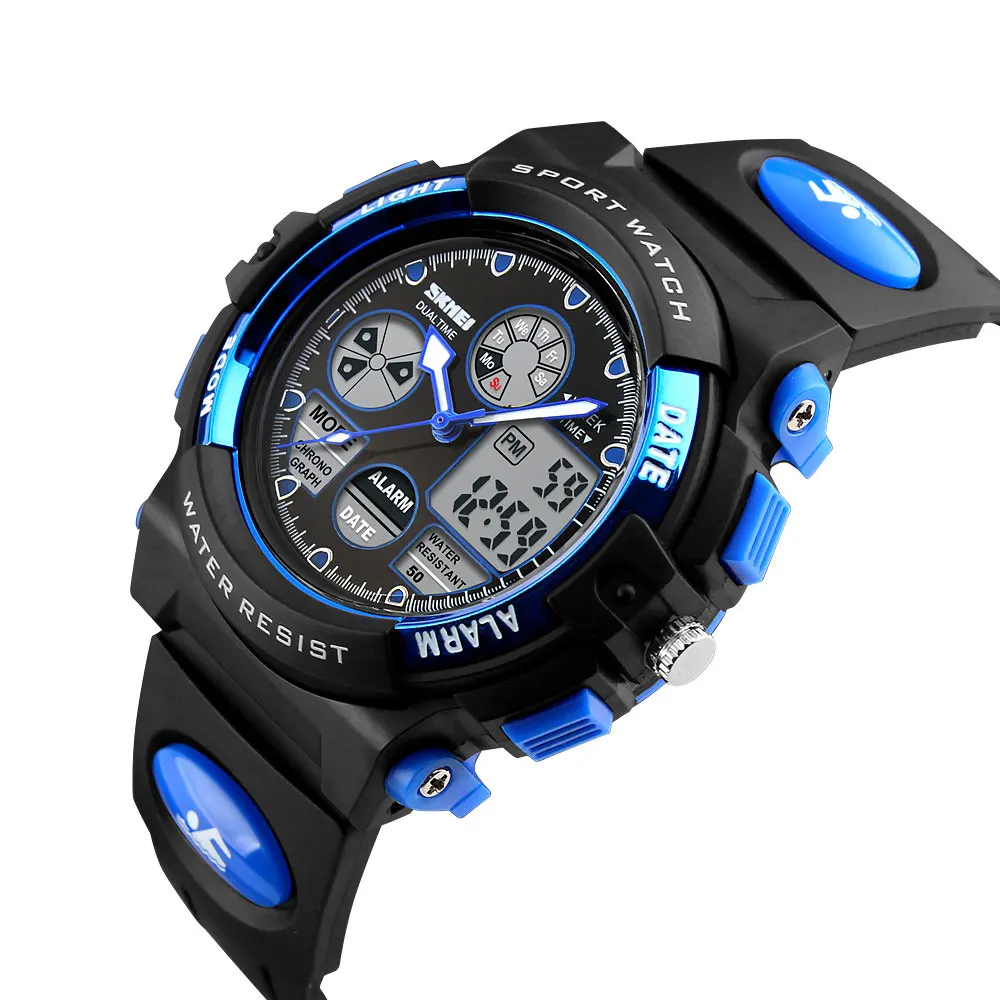Спортивные детские часы для плавания SKMEI, Детские Водонепроницаемые Военные Наручные часы с двойным дисплеем, светодиодный, водонепроницаемые часы Montre для От 8 до 18 лет - Цвет: Blue