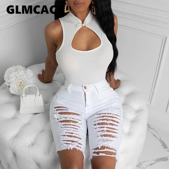 

Women High Waist Ripped Denim Bodycon Short Solid Skinny Distressed Plus Size Casual Shorts