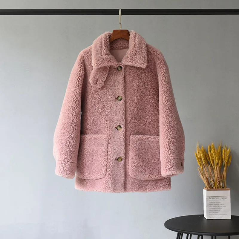 pink Гранулы овец сдвига пальто женский ягненка короткие волосы мех один MN098 - Цвет: pink