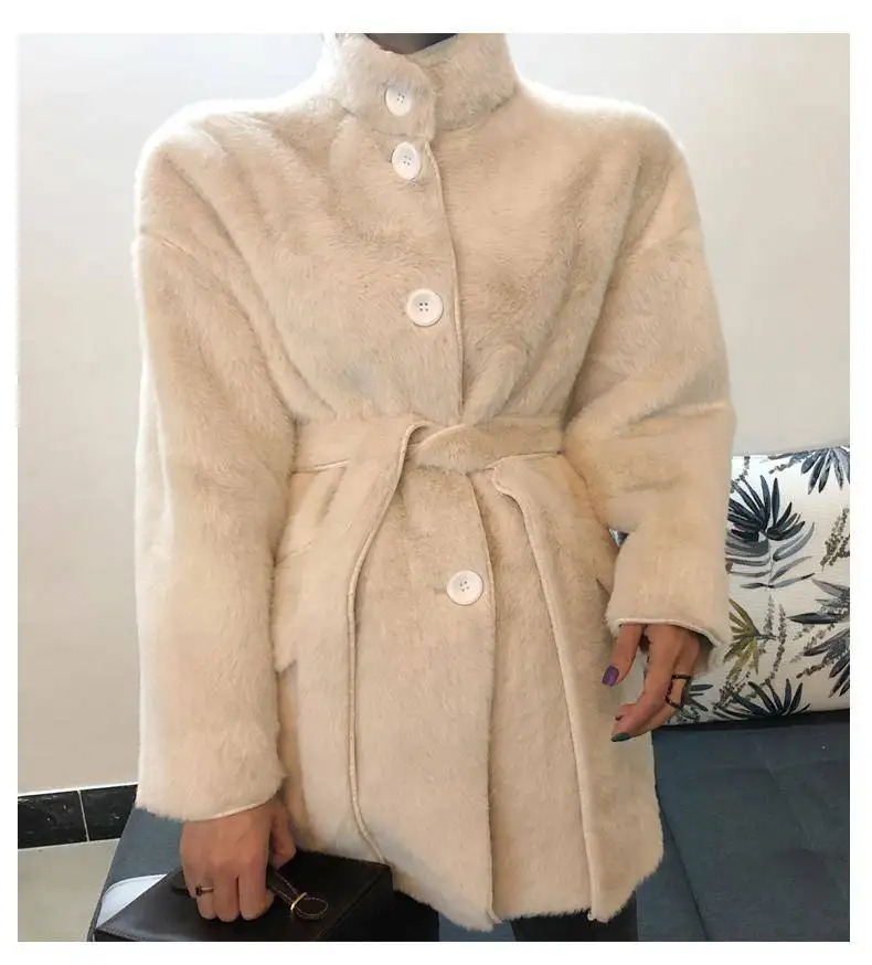 Heydress Зимняя Толстая однотонная женская меховая куртка Верхняя одежда для леди из искусственного кроличьего меха с поясом модные пальто женские теплые пальто