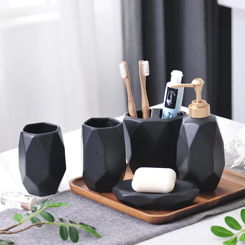 

Nordic creative bathroom set ceramic toothbrush holder wash five-piece simple bathroom lotion bottle soap dish new wedding