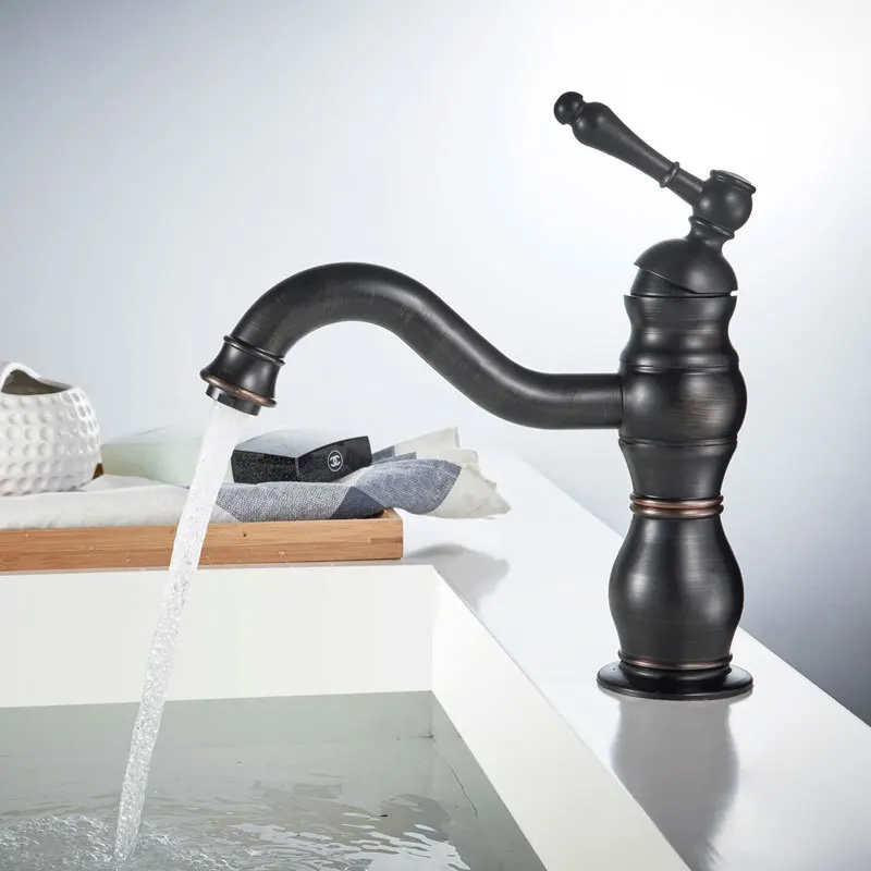 

Basin Sink Faucets Black Oil Brass Bathroom Mixer Faucet Single Handle Rotation Spout Vintage Wash Hot and Cold Mixer Taps Crane