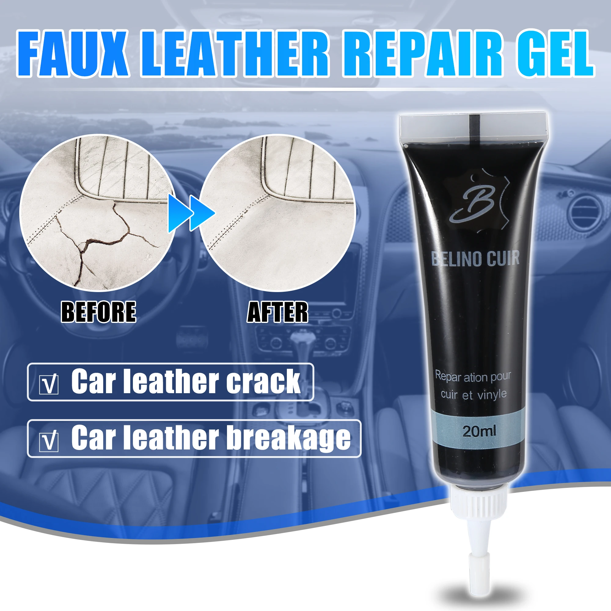 Car Care Liquid Faux Leather Skin Refurbish Repair Gel Auto Seat Coats Scratch Cracks Restoration 20ml