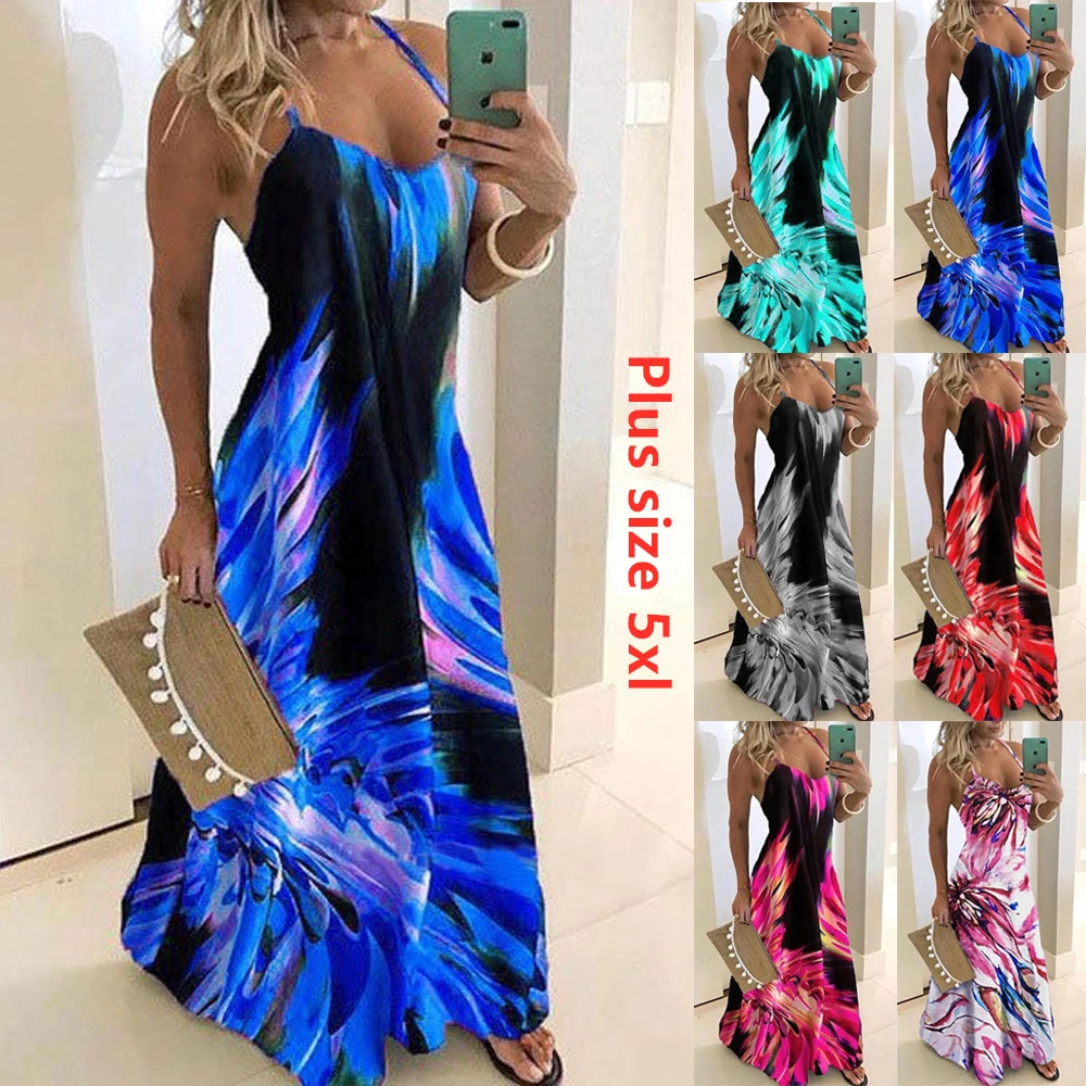 Summer Dress Women Spaghetti Strap Party Evening Plus Size Sleeveless Gradient Color Maxi Beach V-Neck Long Robes S-5XL Sundress | Женская