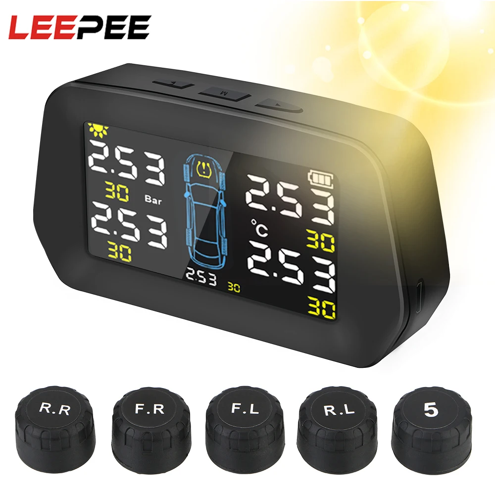 

LEEPEE Car TPMS Solar Tire Pressure Monitoring Digital LCD Display Alarm Sensor Solar Power Auto Security Alarm Systems Kit
