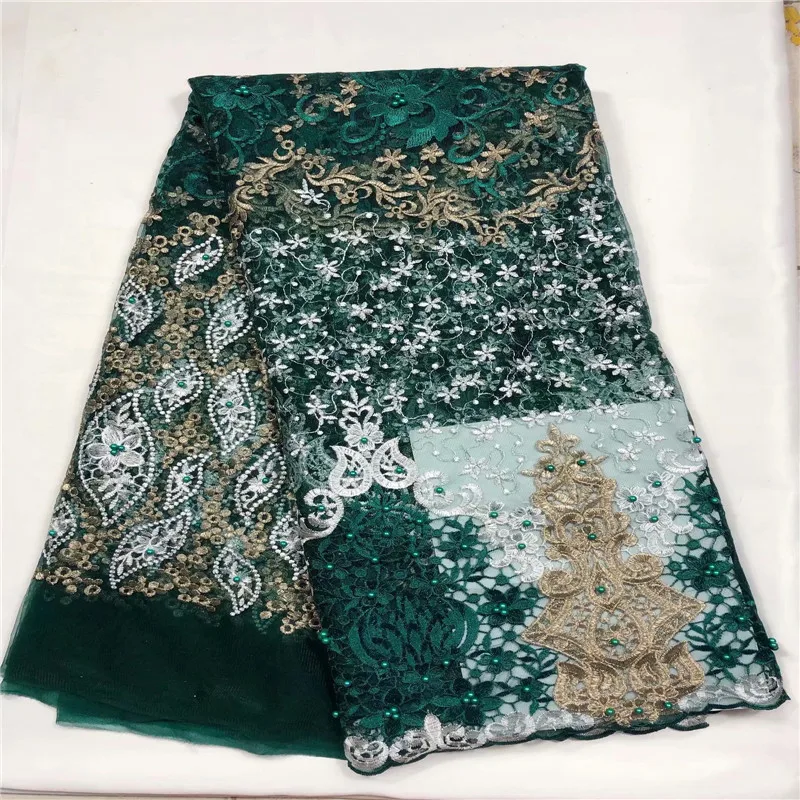 2020 African French Mesh Net beads green/gold Lace Fabric For India Evening Party Dress Fabrics New Nigeria Voile | Дом и сад