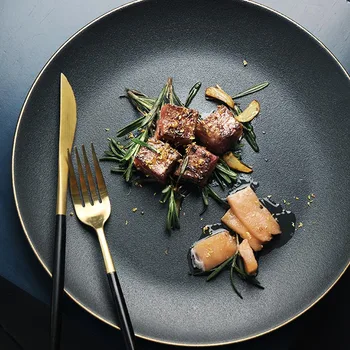 

8/10.5 inch Round Black Porcelain Dishes Ceramic Dinner Plates Hotel Western Food Steak Plate Home Dinnerware Fruit Cake Dish