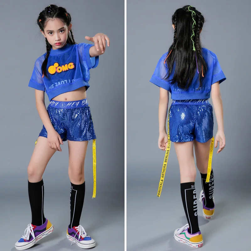 CHILDREN'S DAY Girls Jazz Costumes Children Hip Hop Jazz Set Navel Sequin Drum Kit Performance Wear Fashion yi xia