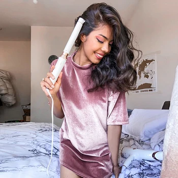 

HiLoc Purple Velvet Knitting Dresses For Women Solid Night Dress Mini Short Sleeve Home Dresses Autumn Sexy Nightwear Winter