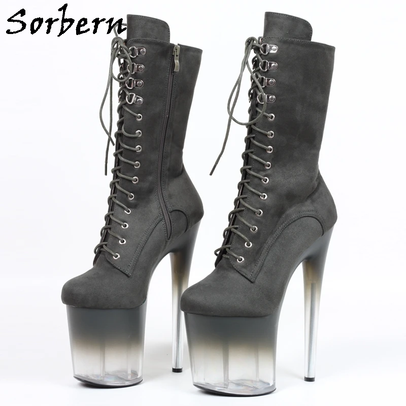 Sorbern Black Ladies Women Boots Low Calf High Boot For Pole Dancer Gradient Perspex Heels 8 Inch Crossdresser Fetish Shoes