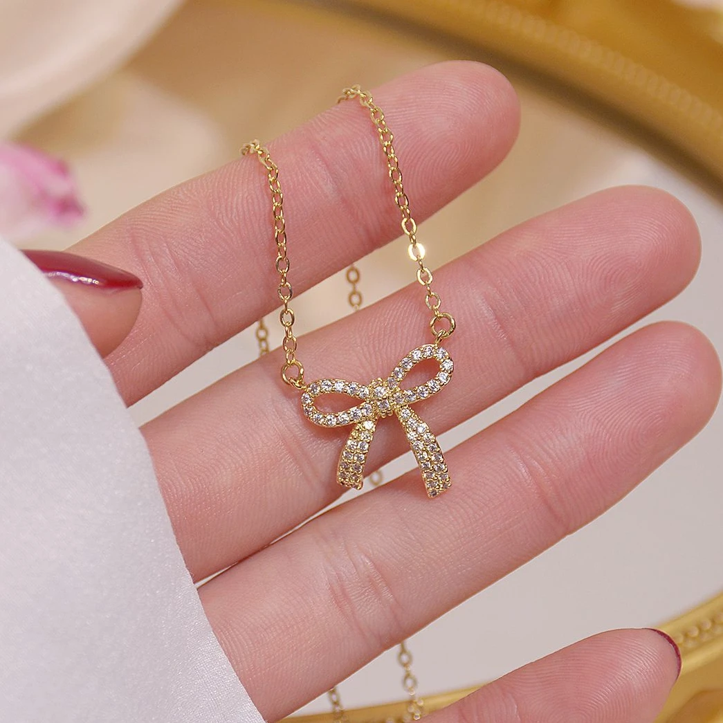 Cute 14K Gold Bowknot Pendant Long 