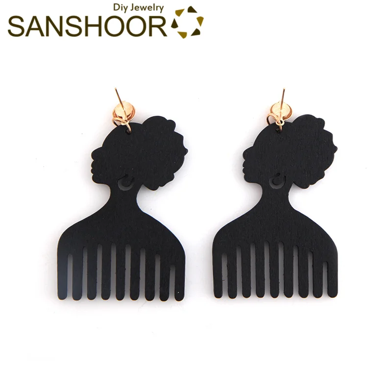 Black 2 SANSHOOR, рисунок афро, гребень, дерево, висячие серьги, африканское племя, этнические хип-хоп богемные ювелирные изделия для женщин, подарки, 6 пар - Окраска металла: Black 2