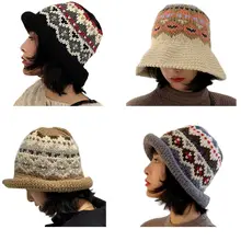 Ретро жаккардовая шерстяная шапка для женщин ручной работы крючком Толстые рыбацкие Шапки Леди свернутый вязаный таз шапка подарки