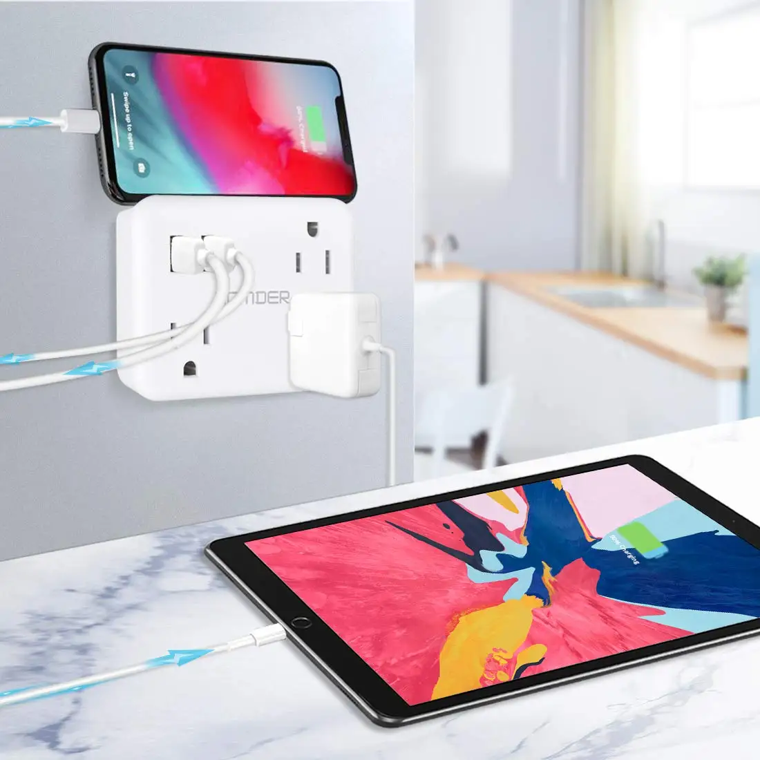 Flat Multi Outlet Wall Plug Extender Power Strip with 5 Ports Non Surge Protection Travel Outlet Adapter for Home Cruise Line