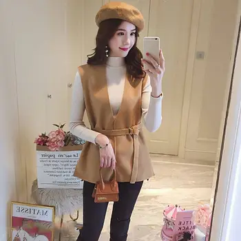 

2020 Women Autumn Winter Coat Fashion Vest Belt Sleeveless Solid Color Plush Lapel Lamb Cardigans Overcoat Loose Jackets