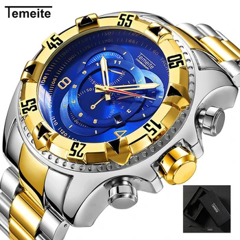 

Relogio TEMEITE 2018 New Quartz Watches Mens Fashion Creative Heavy Waterproof Wristwatch Luxury Gold Blue Full Steel Masculino