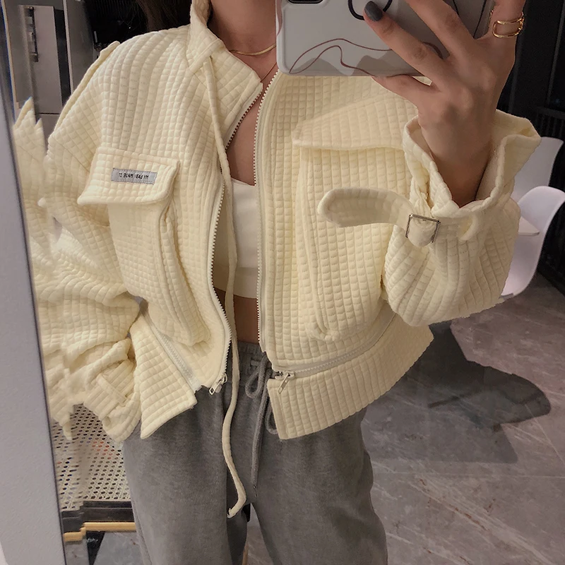 

Women Quality Cardigan Coat Thick Solid Warm Drawstring Zipper Big Pocket Autumn Winter Jacket Streetwear Hip Hop Coat Female