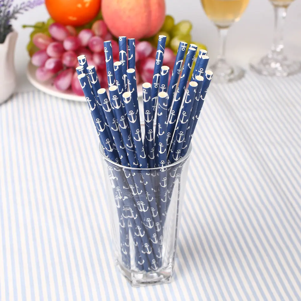 

25pcs Blue Anchors Drinking Straws Tubularis For Cocktail Drink Decoration