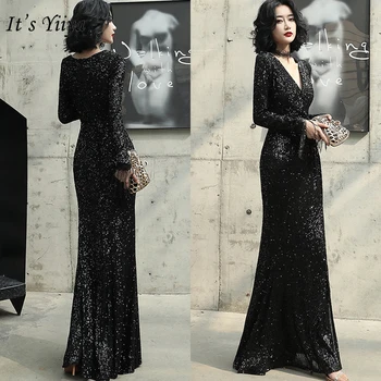 

It's Yiiya Evening Dress Black Plus Size Elegant Formal Gowns V-Neck Robe De Soiree K020 Long Sleeve Evening Dresses For Women