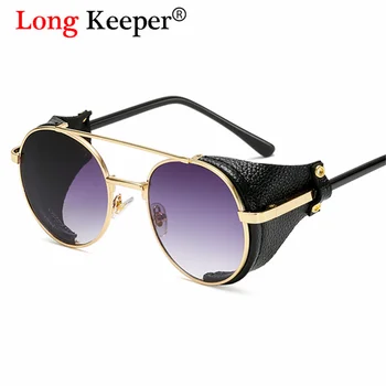 

Thick PU Leather Frame Sunglasses For Men Vintage Rero Punk Sun Glasses Women Luxury Brand Steampunk Round Black Shades Oculos