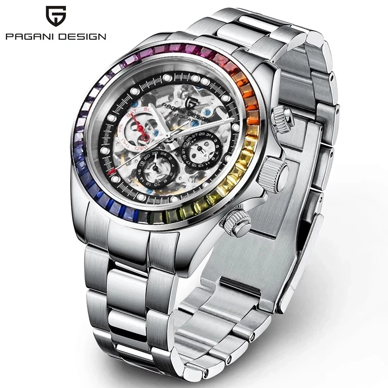 Pagani Design Orologio Uomo Automatico Di Lusso – Quadrante Scheletrato, Lunetta Arcobaleno, Vetro Zaffiro, Impermeabile 100M, Cronografo Sportivo