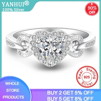 

YANHUI 925 Sterling Silver Hollowed-out Heart Shape Ring Cute Fashion Love Jewelry Zircon Rings For Women Young Girl Child Gifts