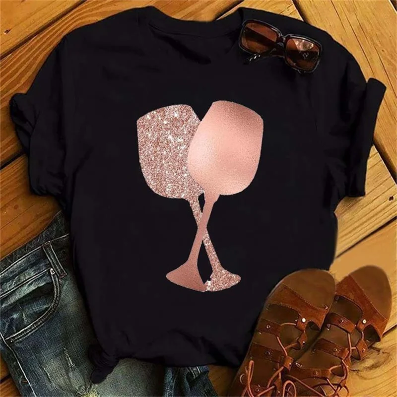 Maycaur T-Shirt Women Rose Gold Wine Glasses Print White and Black T-Shirt Summer Casual Loose Plus Size T Shirt Female Tops Tee cute summer crop tops Tees