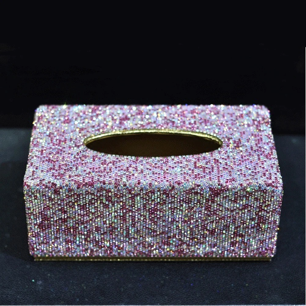 Shiny Crystals PU Leather Tissue Box Paper Holder Case Cover For Home Car