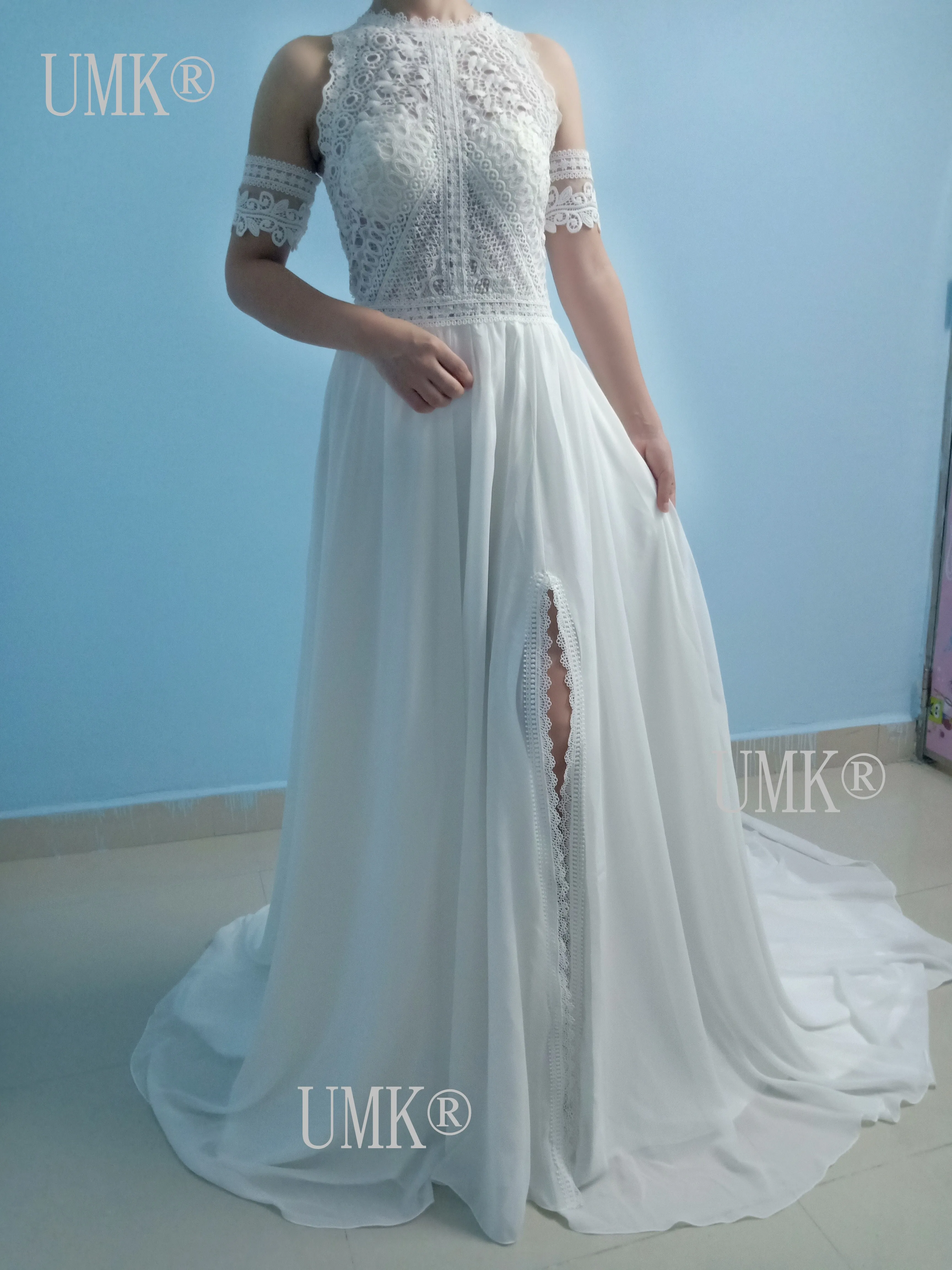 Сексуальное прозрачное кружевное свадебное платье в стиле бохо, пляжные шифоновые богемные Свадебные платья с разрезом спереди