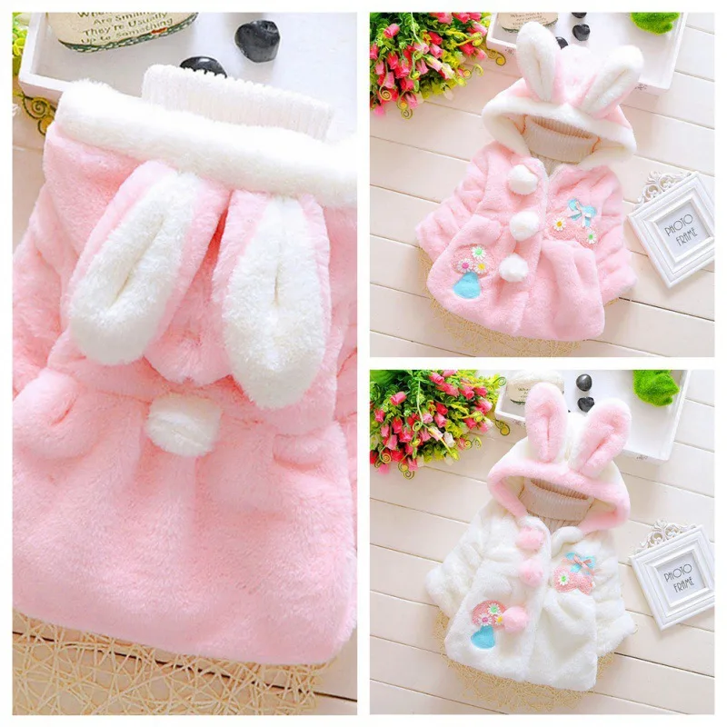 Baby Coat Autumn Winter Girls Artificial Fur Long Sleeve Outerwear With Rabbit Ear Cute Hairy Comfortable Warm Hoodie