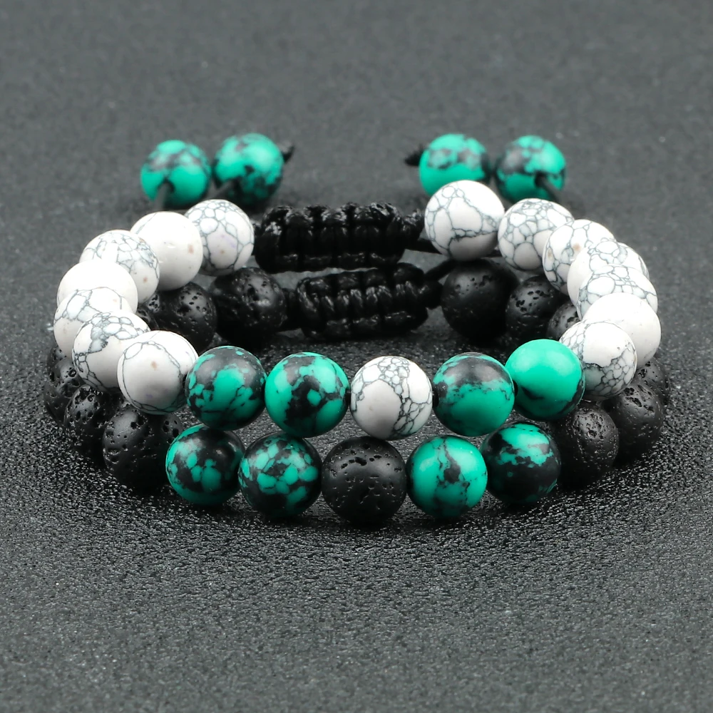 Stone Bead Bracelet 2Pcs Adjustable Braided Natural Stone Beads Bracelets for Couples Women Men Tiger Eye Lava Bracelet Yoga Jewelry