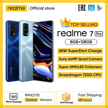 Перейти на Алиэкспресс и купить Realme 7 Pro глобальная версия смартфона 65 Вт Быстрая зарядка отпечатков пальцев разблокированная полный экран мобильного телефона Snapgragon 720 г иг...