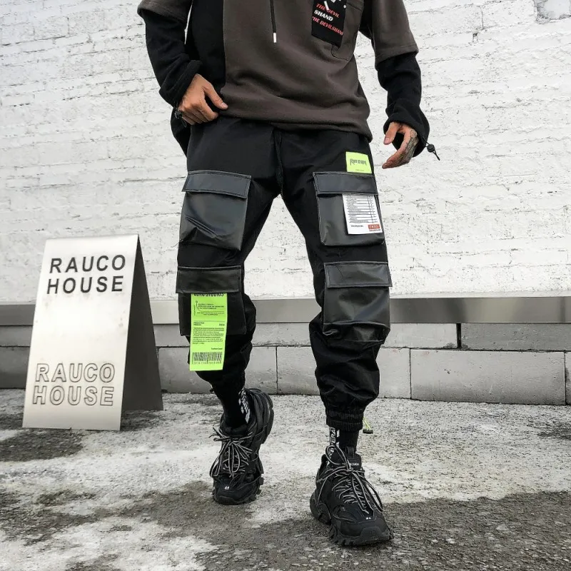 

Men Hip Hop Black Cargo Pants joggers Sweatpants Overalls Men Ribbons Streetwear Harem Pants Women Fashions Trousers