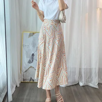 

Spring Summer Women Striped Skirt Female Clothes 100% Viscose Geometrical Printing Ladies Casual Midi Skirts New