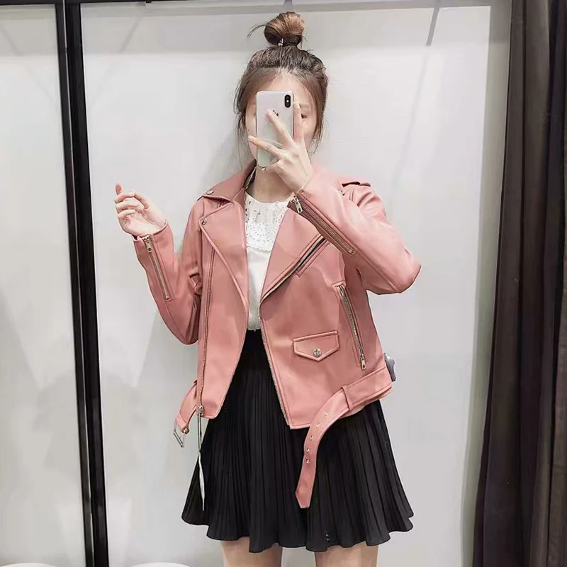 Pu Leather Bomber Jacket With Belt Women Irregular Neck Solid Outwear Zipper Coat Winter Pockets Long Sleeve Female Short Jacket