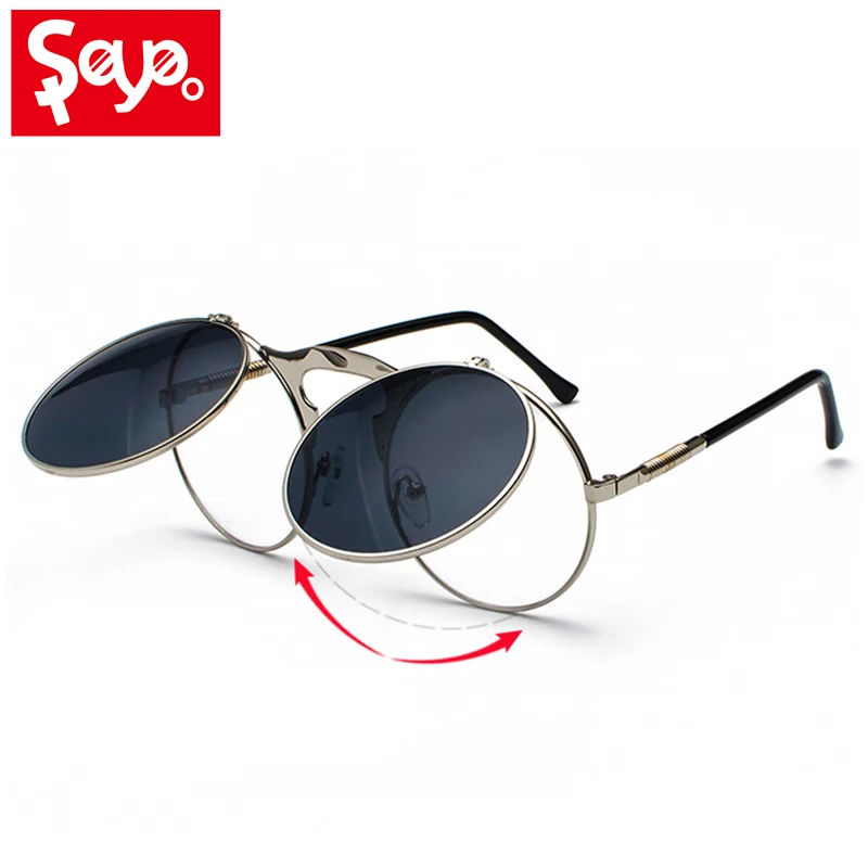 

SAYLAYO Fashion Flip Up Steampunk Sunglasses Men Women Round Vintage Sun glasses Brand Designer UV400 Protection gafas de sol